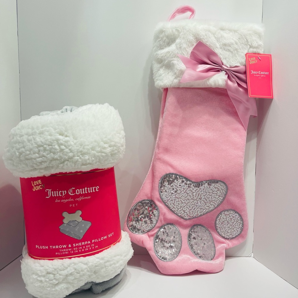 Juicy Couture Pink Pet Stocking & Plush Throw with Pillow Set